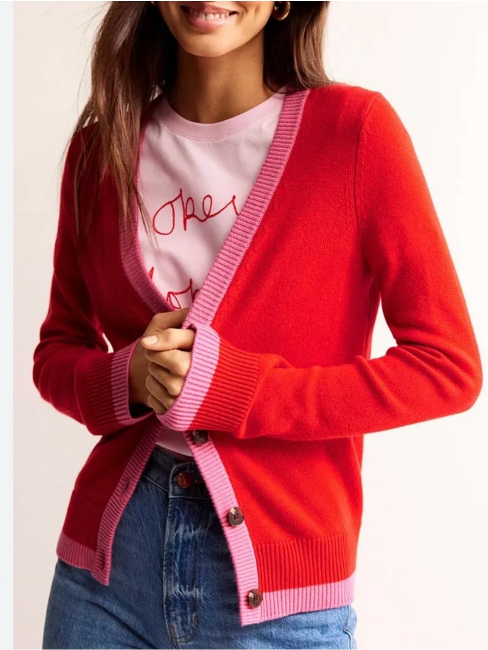 Boden Red Cardigan with Pink Trim